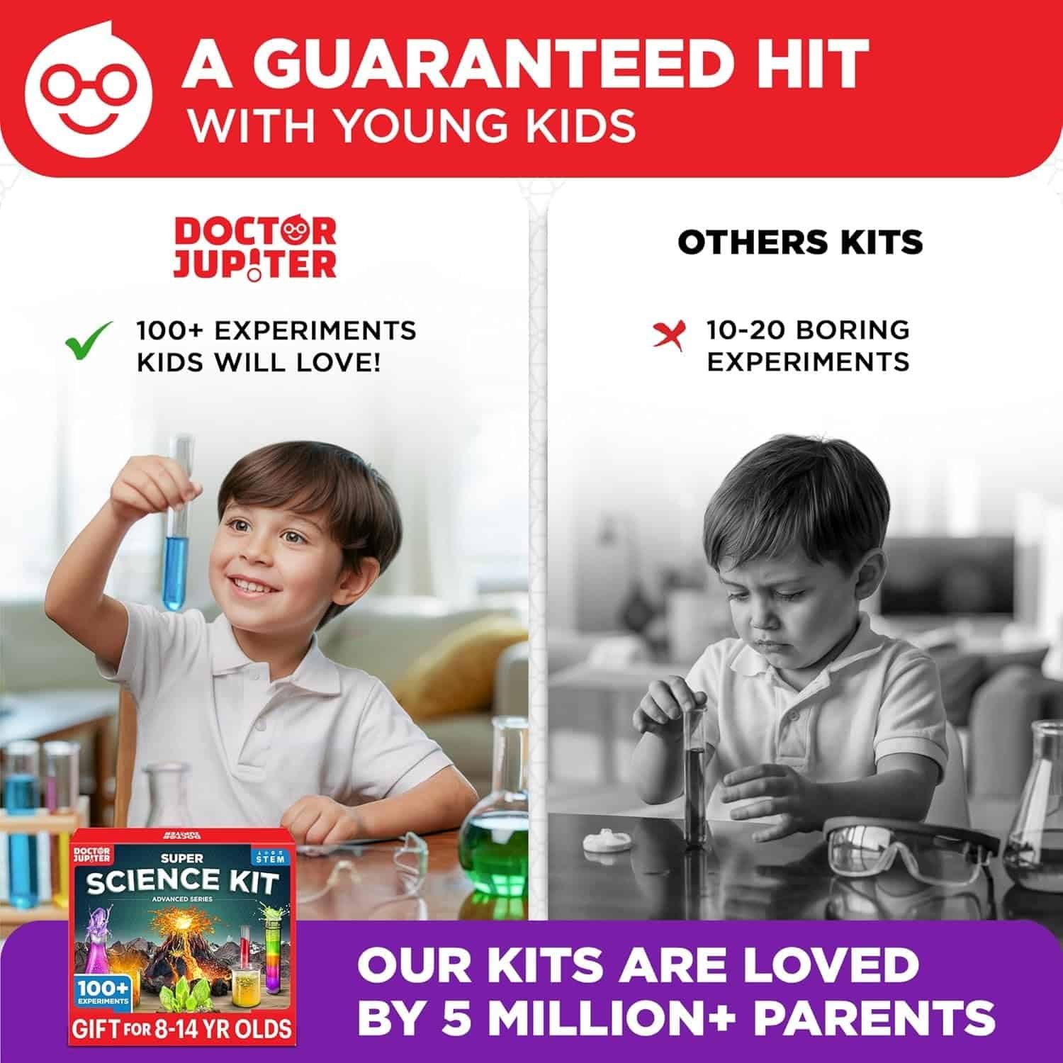 Split image compares a smiling child using a colorful science kit on the left to a bored child with a basic kit on the right; text highlights Doctor Jupiter's 100+ experiments.