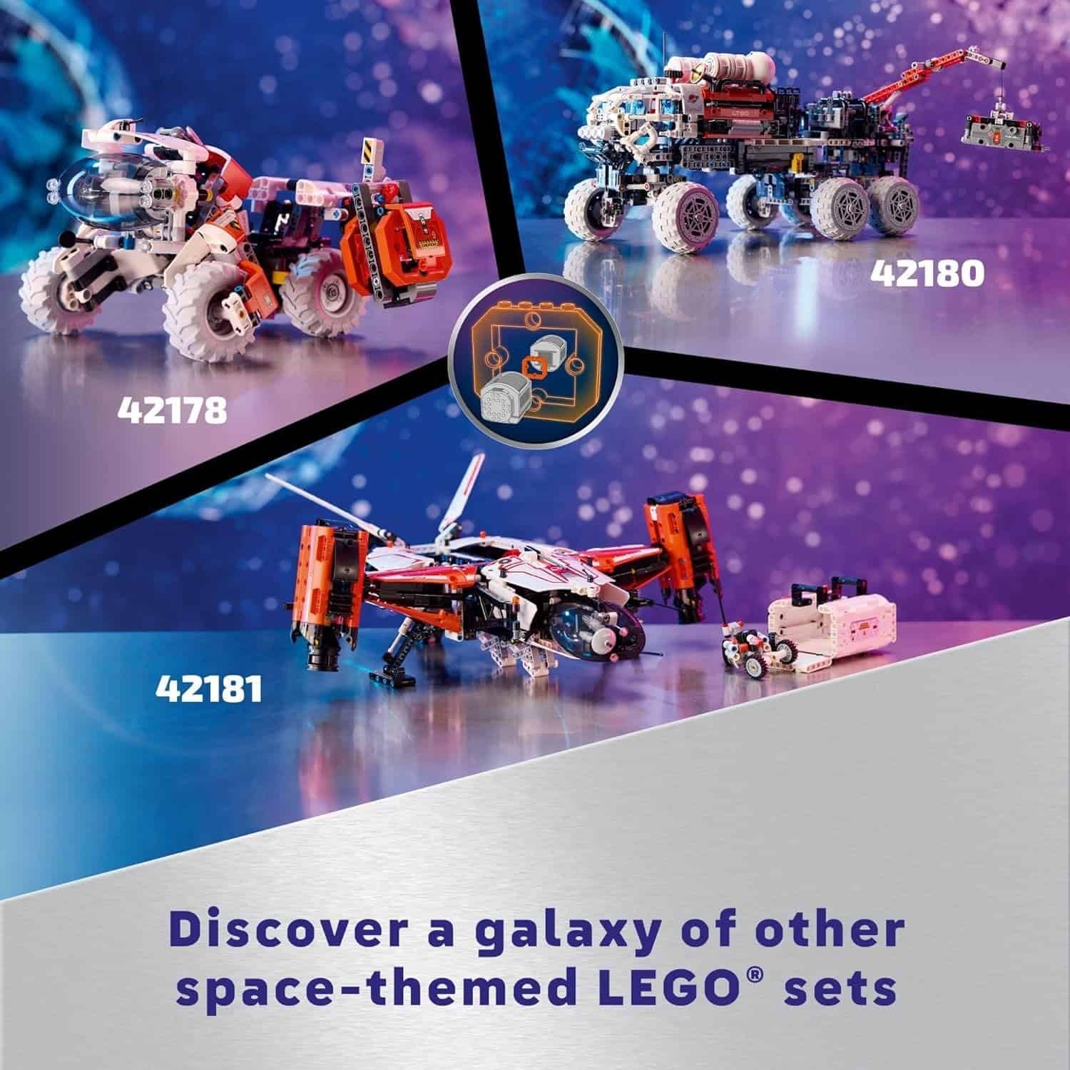Three LEGO space-themed sets (42178, 42180, 42181) displayed on a purple starry background with the text “Discover a galaxy of other space-themed LEGO sets” at the bottom.
