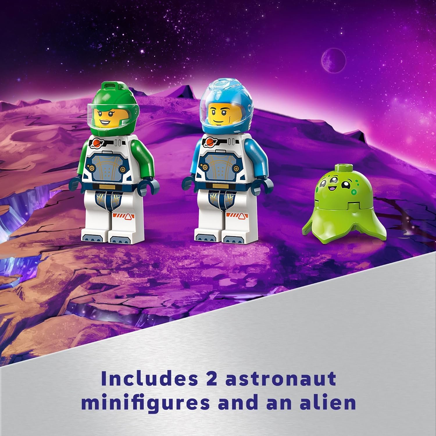 Two LEGO astronaut minifigures and a green alien figure are shown on a purple, rocky alien landscape, with text stating they are included.