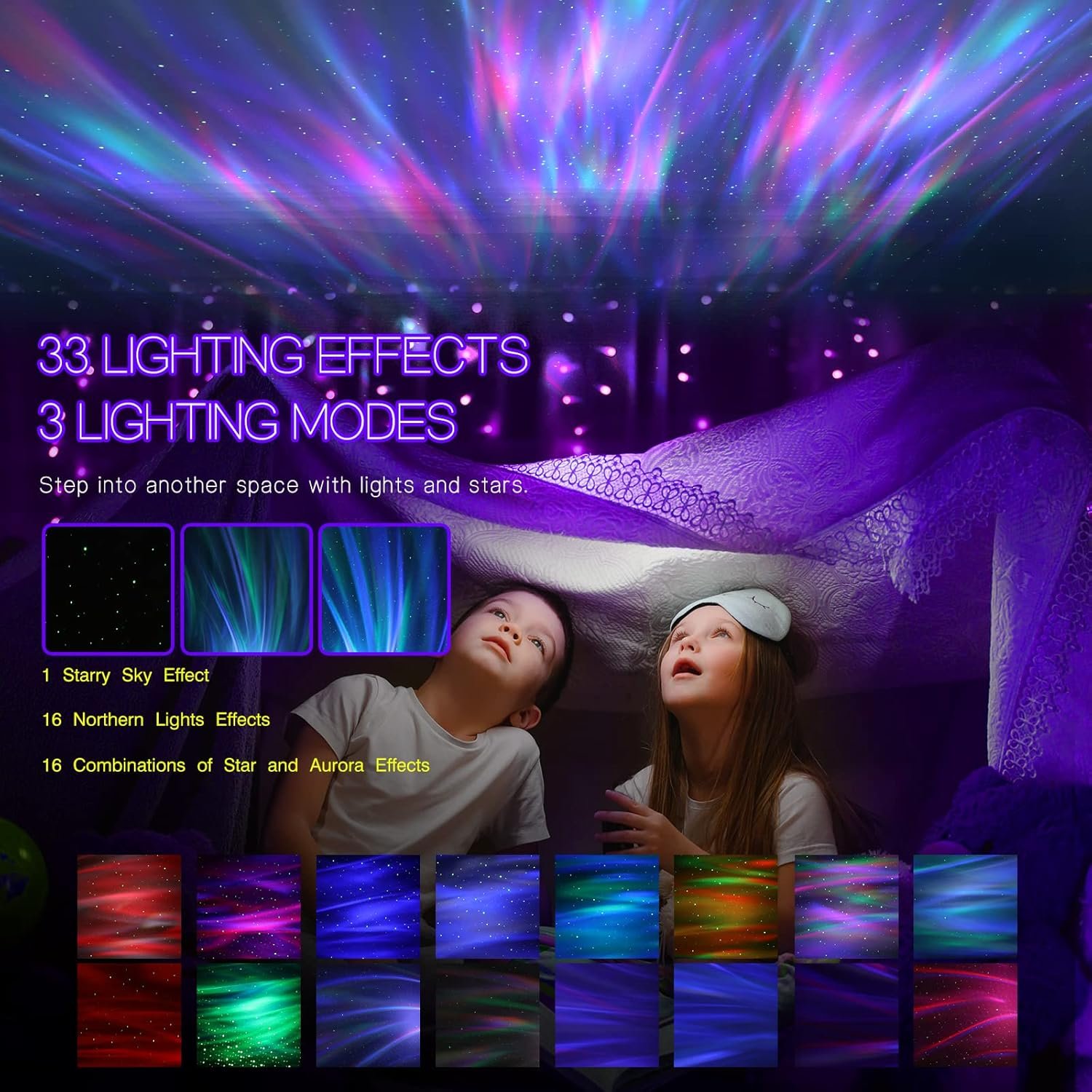 Two children lie under a tent, looking up at a ceiling illuminated by colorful star, aurora, and northern lights effects, with text describing lighting modes and effects.
