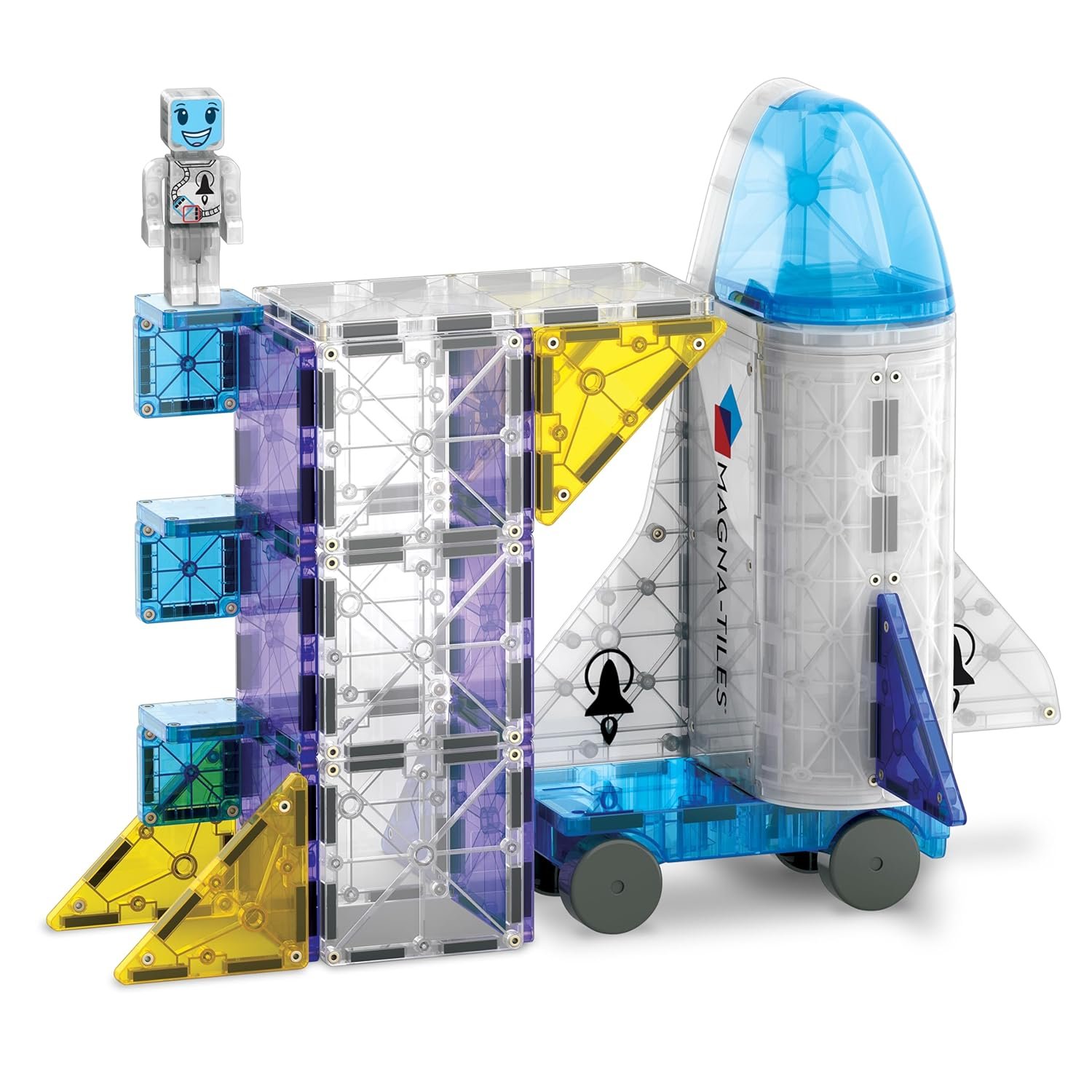 A toy rocket and launch tower constructed from colorful magnetic tiles, with a smiling robot figure standing at the top.