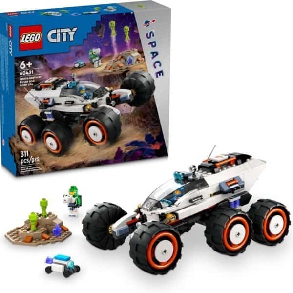 LEGO City Space set with a white space rover, mini figures, and accessories; the box displays the assembled toy and set details.