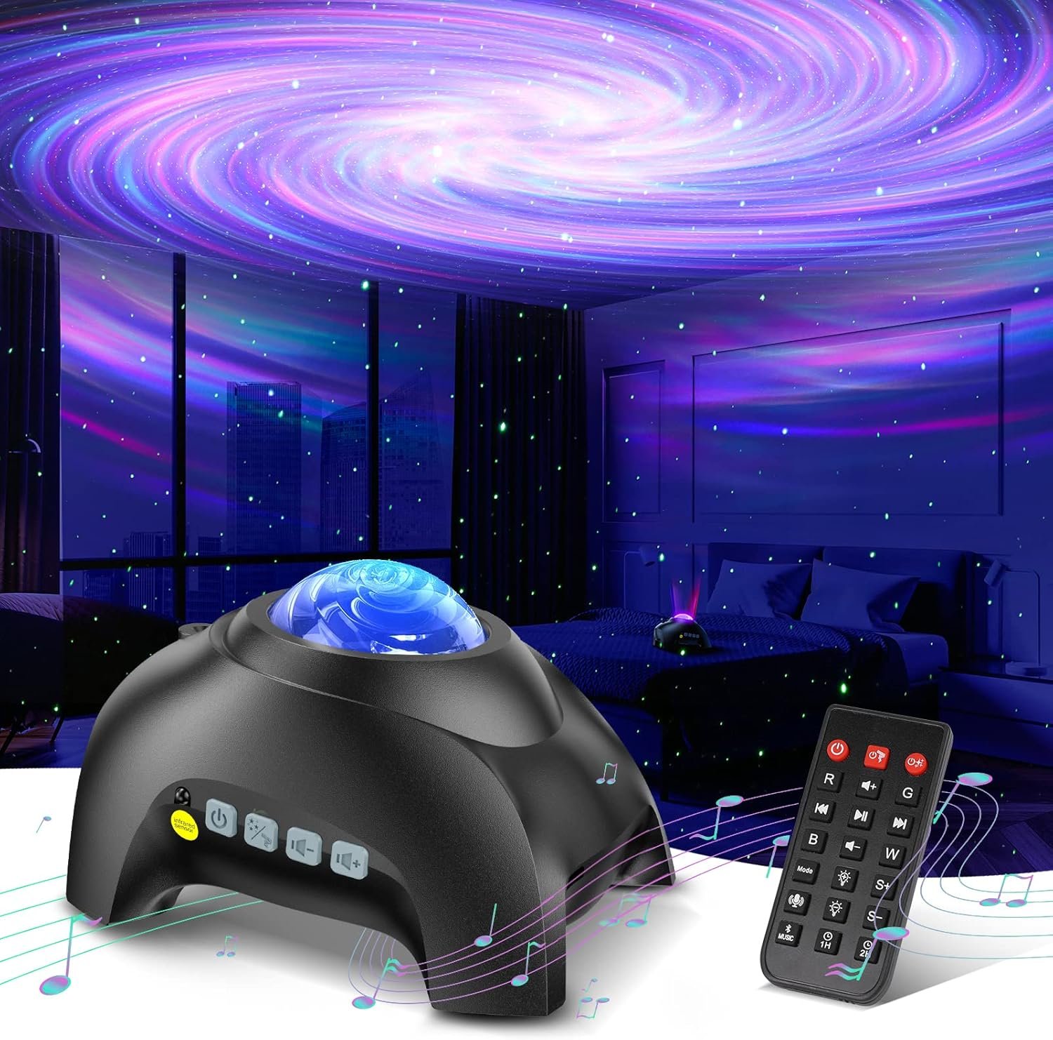 A galaxy projector projects swirling purple and blue lights onto a bedroom ceiling; a remote control rests nearby on a white surface.