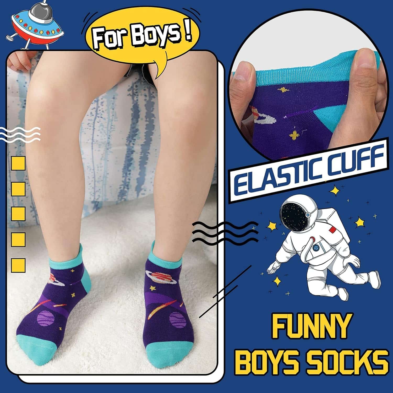 A child wearing purple and teal space-themed socks sits on a bed; inset shows close-up of the elastic cuff. Text reads: "For Boys! Elastic Cuff. Funny Boys Socks.