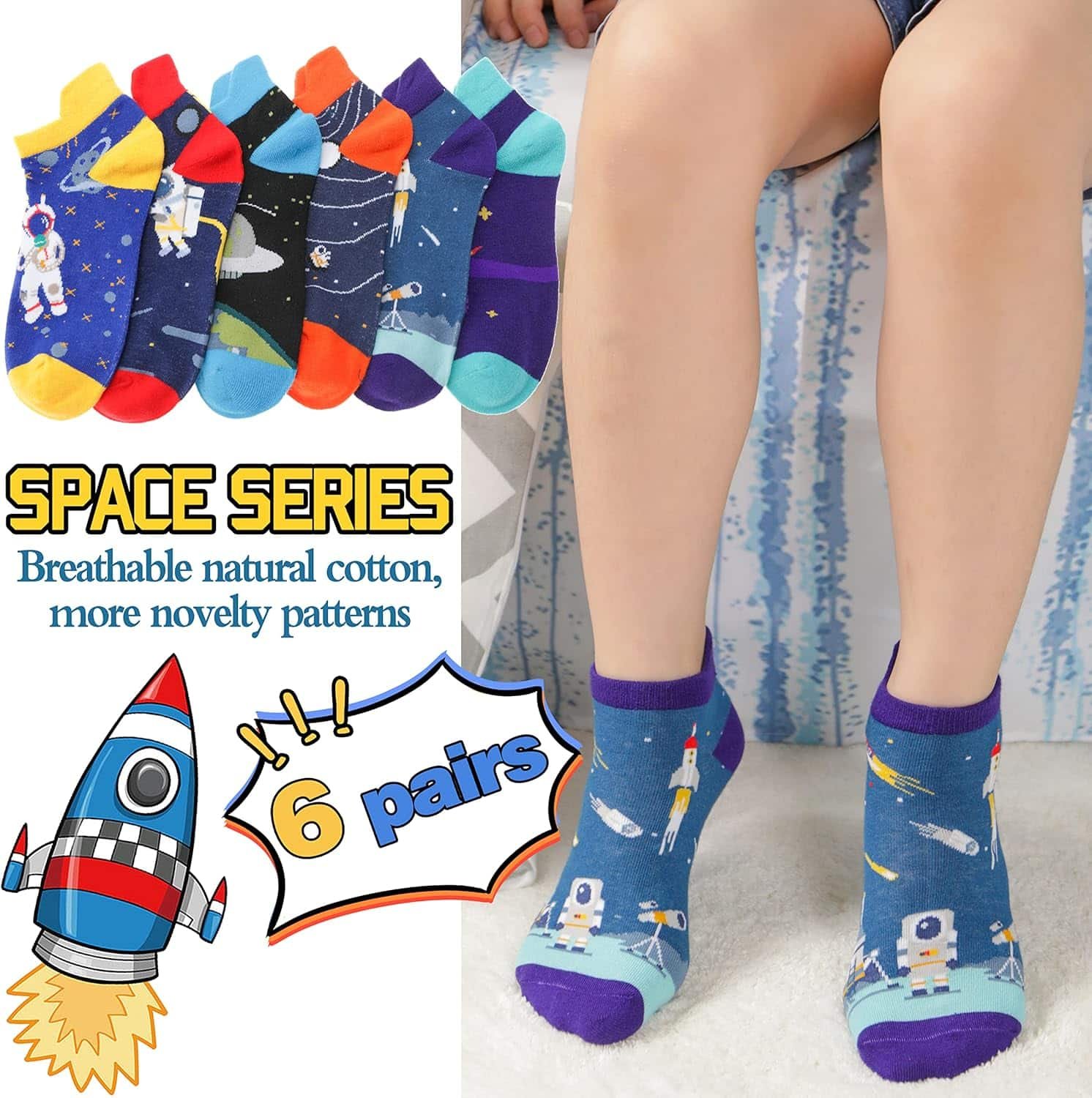 A child sits wearing blue space-themed socks; six other pairs with colorful space designs are shown. Text highlights "Space Series" breathable cotton socks, featuring 6 pairs.
