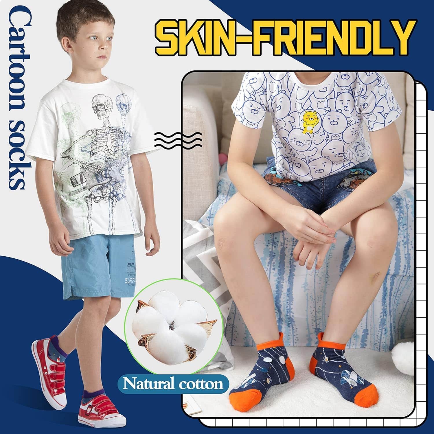 A boy stands wearing cartoon socks and casual clothes; another boy sits on a couch wearing shorts and cartoon socks. The image highlights "skin-friendly" and "natural cotton" features.