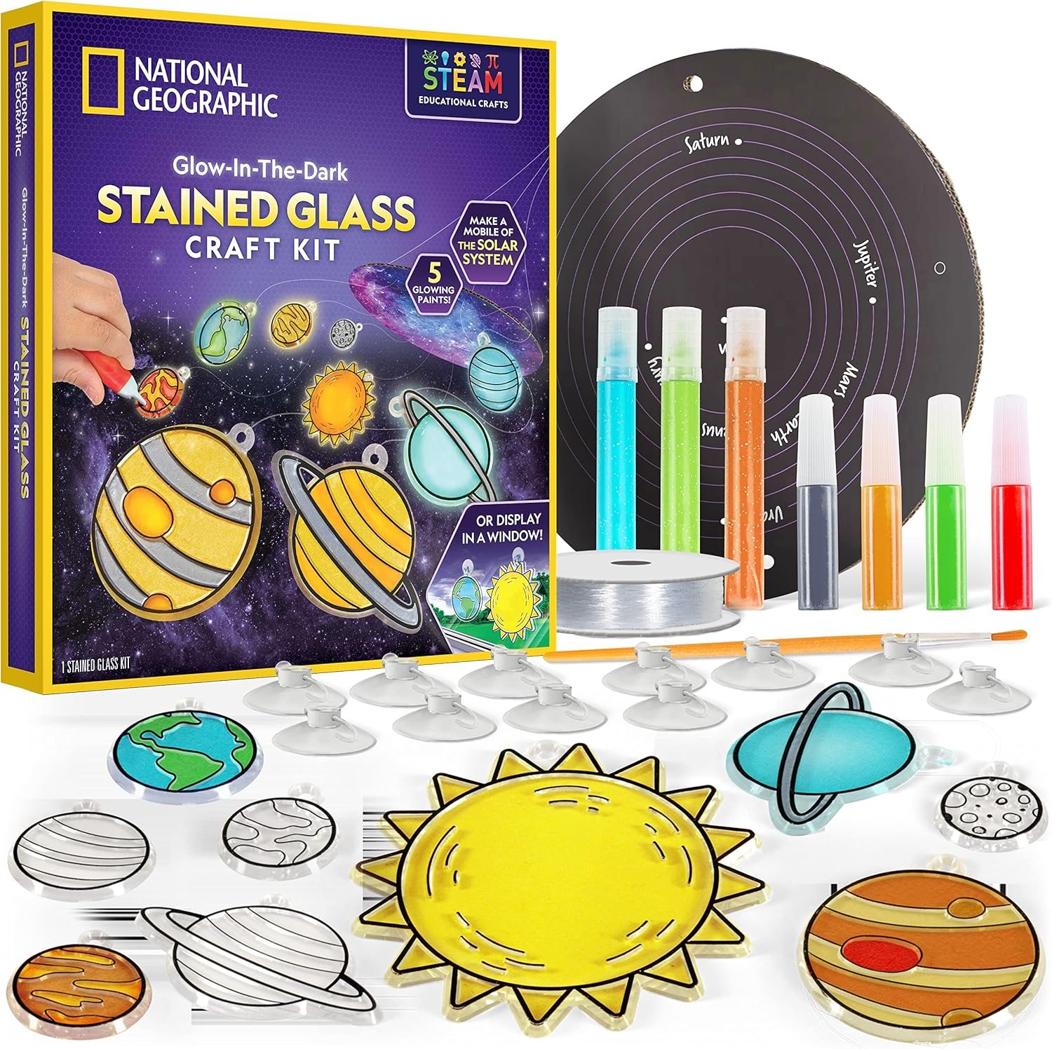 National Geographic Kids Window Art Kit - Stained Glass Solar System Arts & Crafts Kit with Glow in The Dark Planets, Use as Window Suncatchers, Hanging Decor from Ceiling, Mobile, Space Room Decor