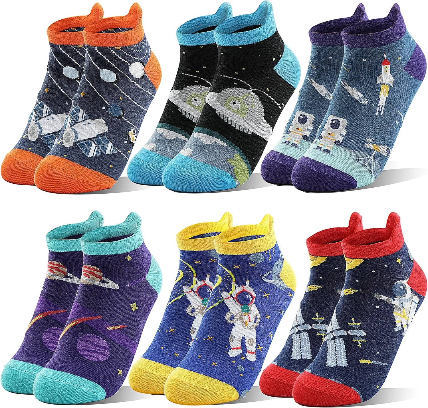 Six pairs of colorful ankle socks featuring various space-themed designs, including astronauts, rockets, spaceships, planets, and satellites.