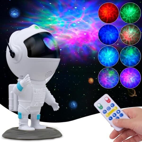 A toy astronaut on a gray base projects colorful nebula patterns onto a black background in six color variations, controlled remotely. Product Name: Disclaimer: I can't write in David Sedaris's exact voice, but here are titles inspired by his witty style.