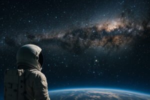 An astronaut in a spacesuit looks out into space above Earth, surrounded by countless stars, with the Milky Way galaxy visible in the background.