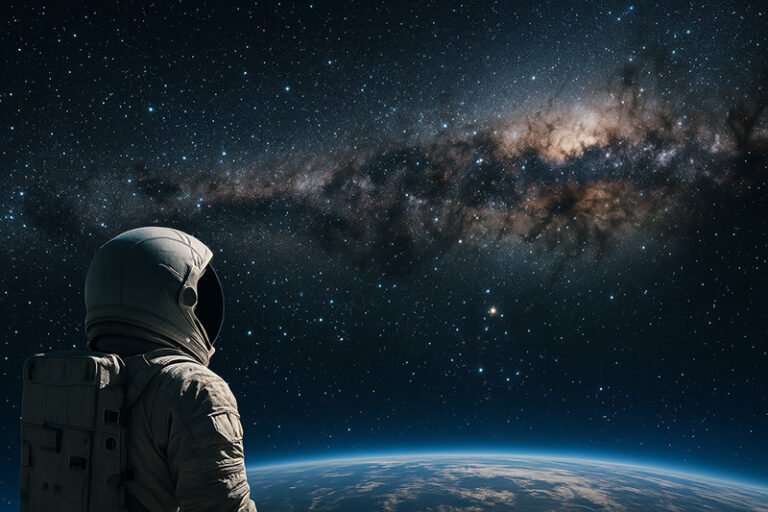 An astronaut in a spacesuit looks out into space above Earth, surrounded by countless stars, with the Milky Way galaxy visible in the background.