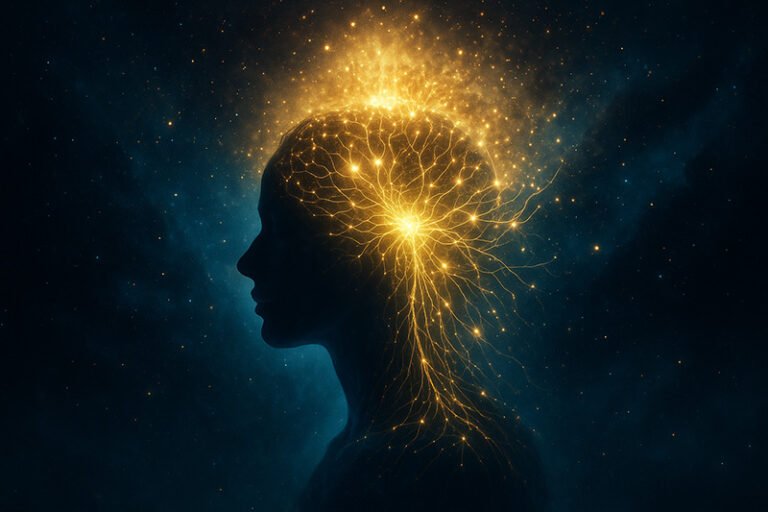 Silhouette of a human head with glowing golden neural network-like lines radiating from the brain, evoking the soul’s energy, set against a dark, starry background.