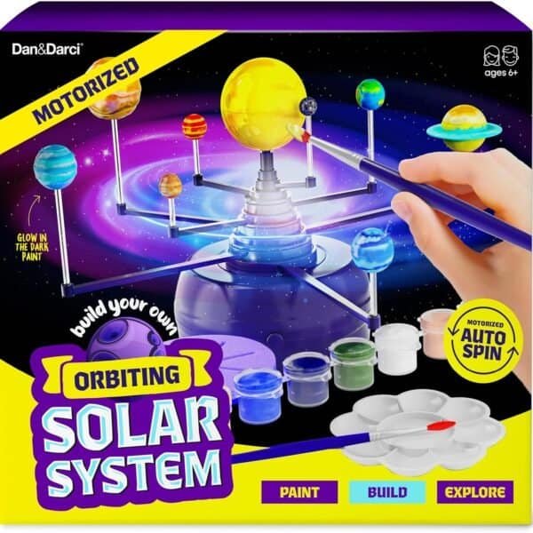 The Dan&Darci 360° Orbiting Solar System for Kids Paint & Build Model Kit includes paints, brushes, planets, and tools—letting kids ages 4-12 paint, build, and explore a motorized, glow-in-the-dark solar system model.