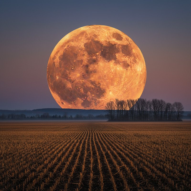 A large, orange Hunter's Moon rises above a harvested field with rows of stubble and a line of leafless trees on the horizon during twilight.