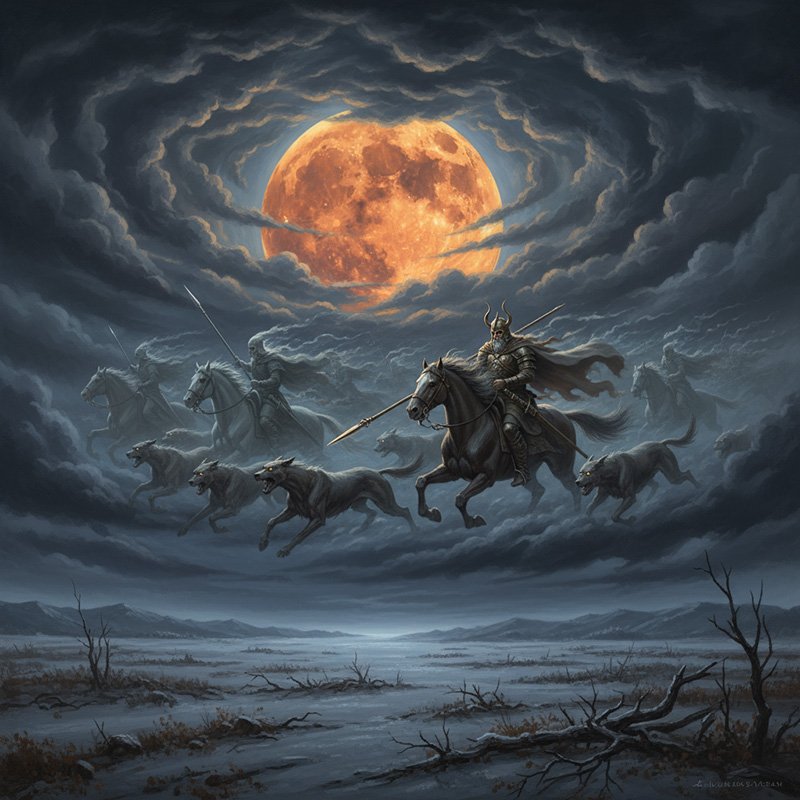 A group of armored riders on horseback, accompanied by wolves, charge through stormy clouds under a large, glowing Hunter's Moon in a desolate landscape.