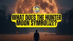 A person stands in a field at night, gazing at a large orange Hunter's Moon with the text "What does the Hunter Moon symbolize?" in bold yellow letters.