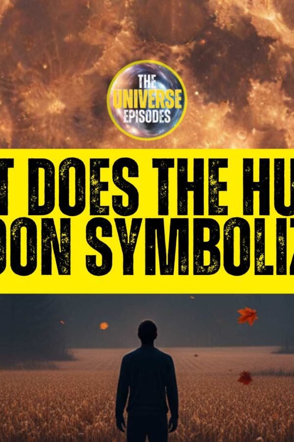 A person stands in a field at night, gazing at a large orange Hunter's Moon with the text "What does the Hunter Moon symbolize?" in bold yellow letters.