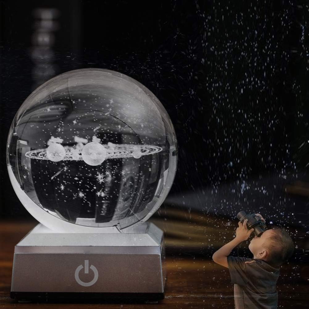 ERWEI 3D Solar System Model Crystal Ball 3.15" Laser Engraved Universe Planets Globe with Led Light Base Science Astronomy Gifts Educational Space Gift Solar System Night Light