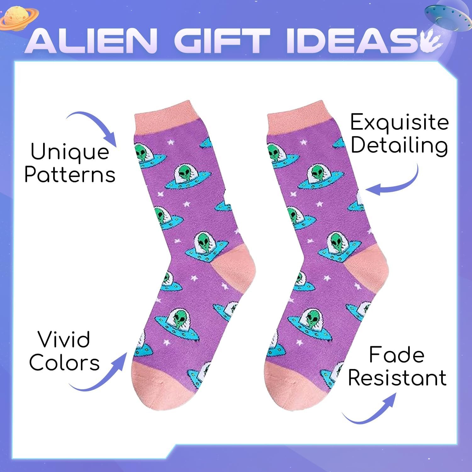 Purple socks with green alien and UFO patterns, pink toes and cuffs, labeled as having unique patterns, vivid colors, exquisite detailing, and being fade resistant.