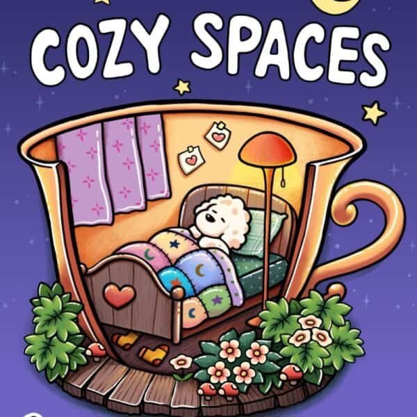 Illustration of a sheep sleeping in a bed inside a large teacup, with a night sky, blanket, lamp, plants, and the text "Cozy Spaces" above.