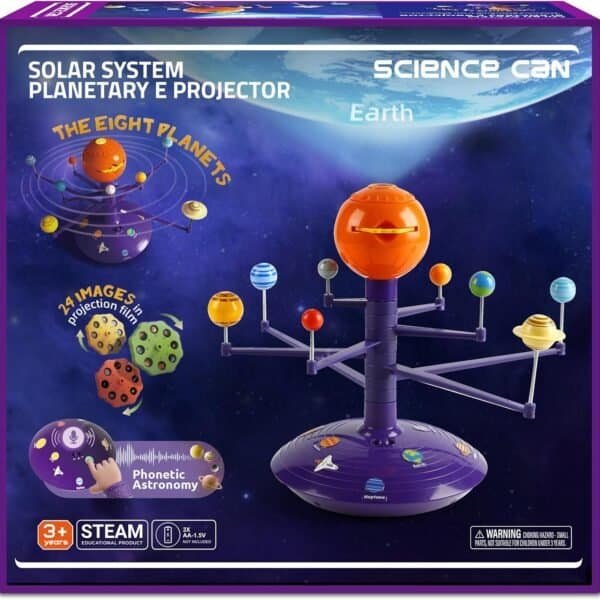 Box for a solar system planetary projector toy, showing a model of the eight planets, labeled features, and educational STEAM branding, designed for ages 3 and up.