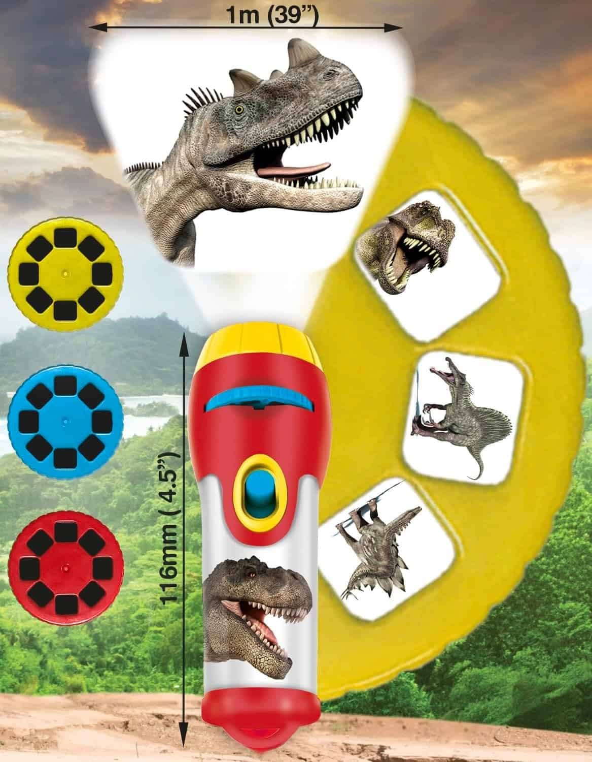 A toy projector flashlight with dinosaur image reels displays projected dinosaur images; dimensions and three reel colors are shown against a nature background.