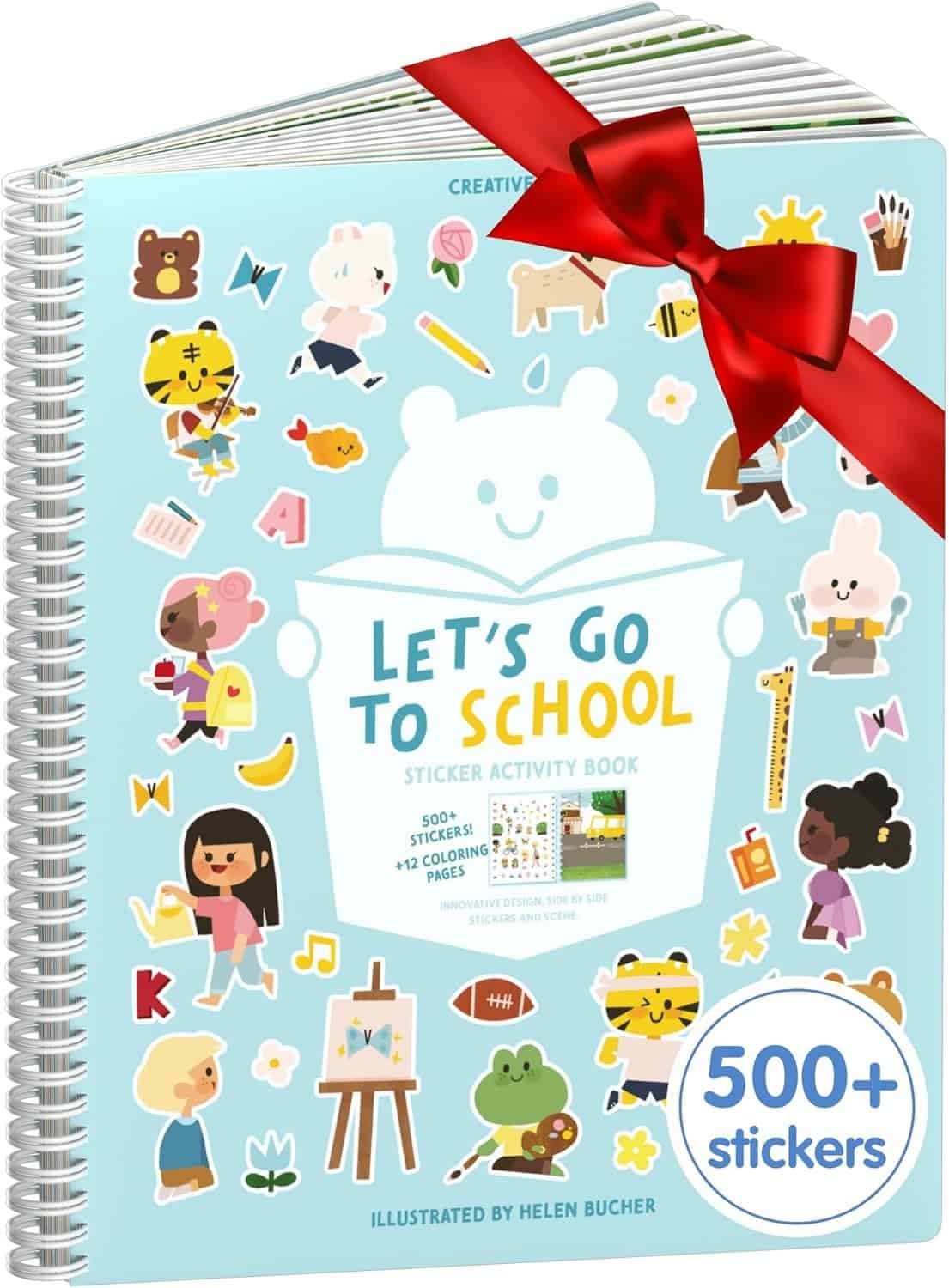 Spiral-bound sticker activity book titled "Let's Go to School" with colorful animal and school-themed stickers on the cover, a red bow, and a label stating "500+ stickers.