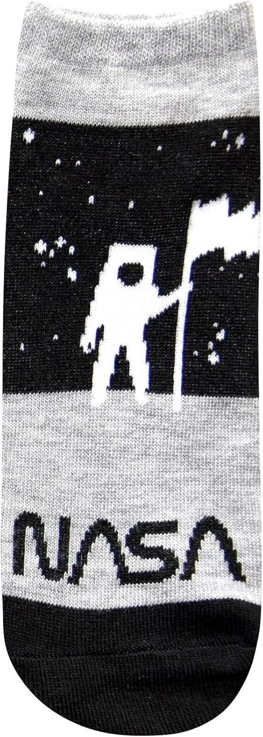 A sock featuring a pixelated astronaut planting a flag on a starry background with the word "NASA" printed below.