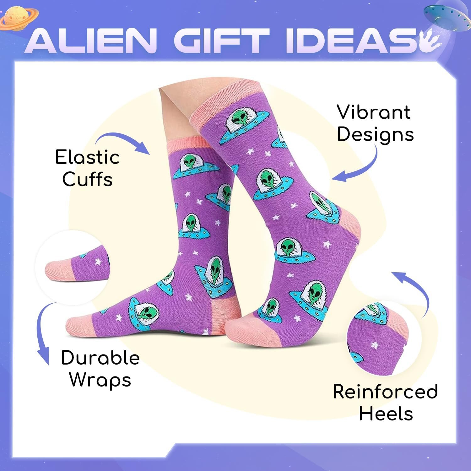 Purple socks with green alien designs are shown with labeled features: elastic cuffs, durable wraps, vibrant designs, and reinforced heels.