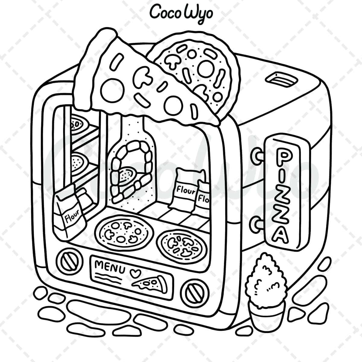 Black and white line drawing of a pizza oven with pizzas, bags of flour, a menu, a pizza slice on top, and a small plant in front.
