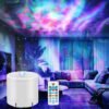 A white LED projector with a remote control projects colorful galaxy-like lights onto the ceiling and walls of a modern living room.