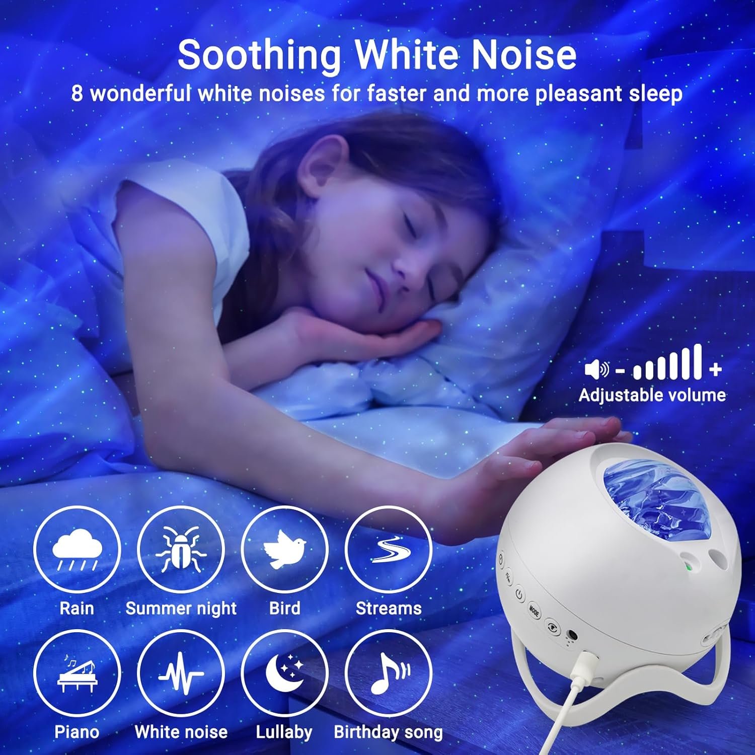 A child sleeps in bed with blue lighting, next to a white noise machine. Icons display sound options like rain, bird, and lullaby, and text highlights adjustable volume and soothing white noise.