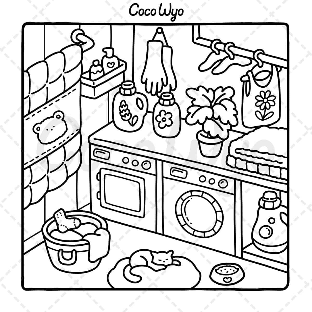 A laundry room with a washer, dryer, shelves, hanging clothes, detergent, towels, plants, a cat on a rug, and a basket of laundry.