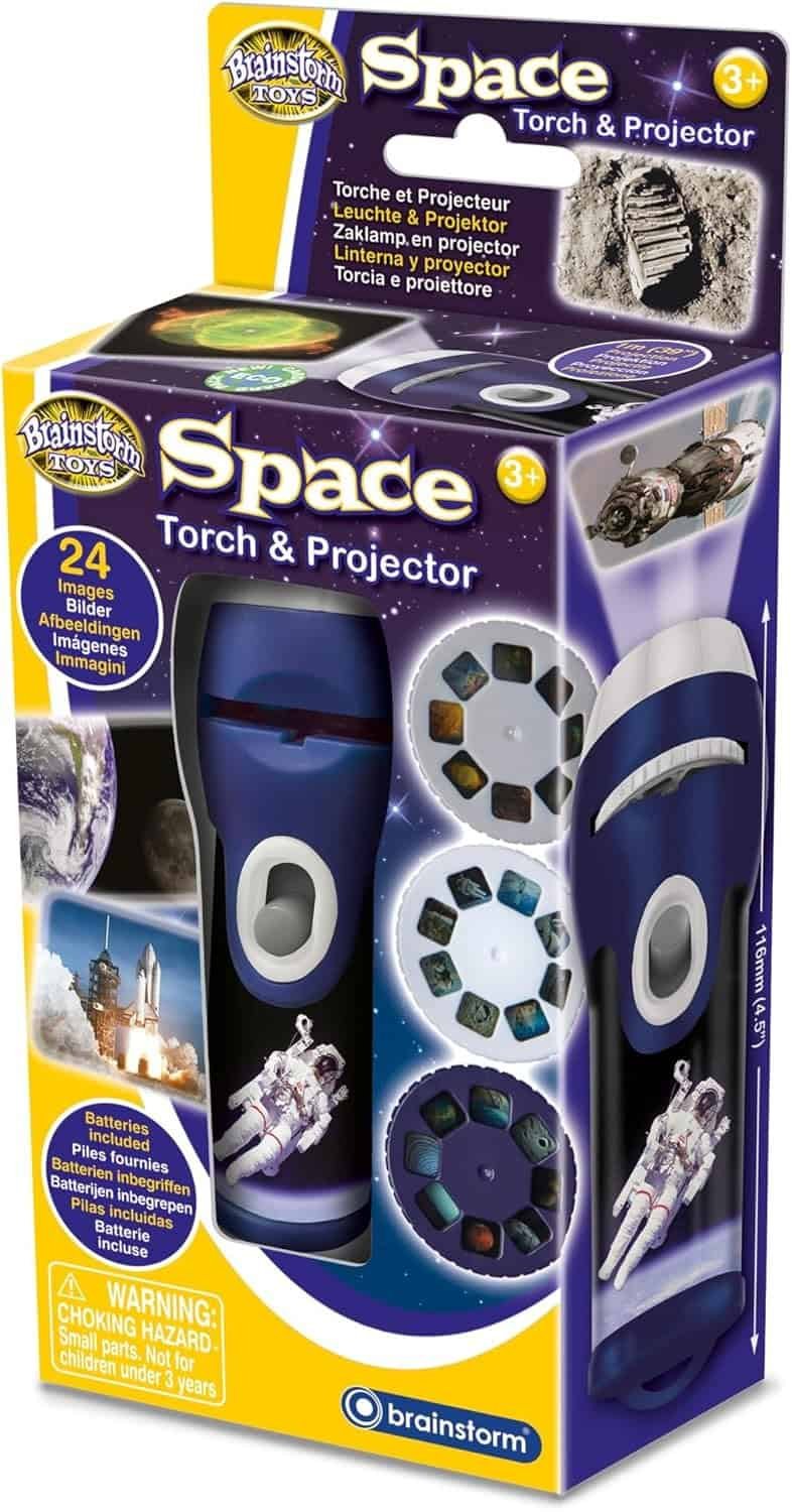 Box containing a blue space-themed torch and projector toy for children, featuring 24 image slides of space and astronaut scenes, for ages 3 and up.