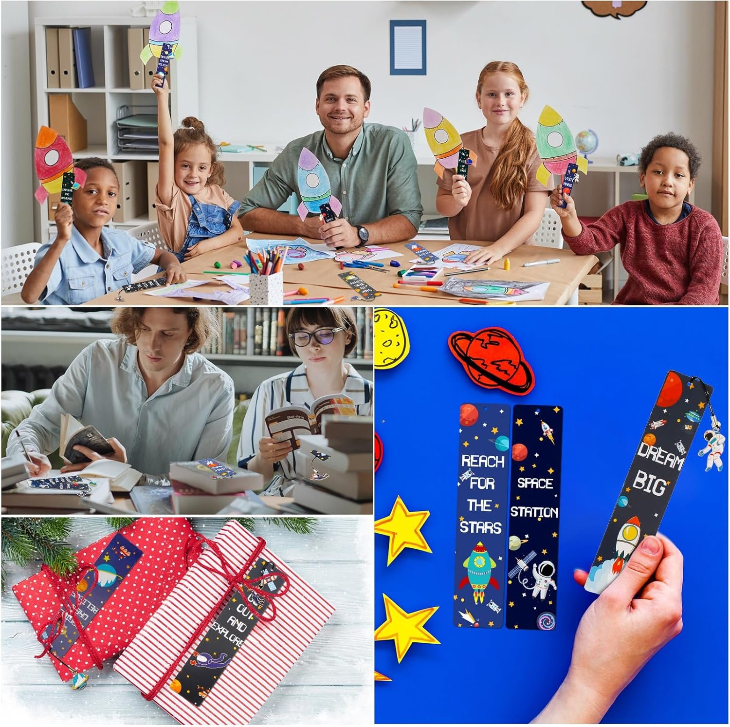 Children and adults make and display rocket-themed bookmarks in a classroom and at home. Close-ups show decorated bookmarks and wrapped gifts with bookmarks attached.
