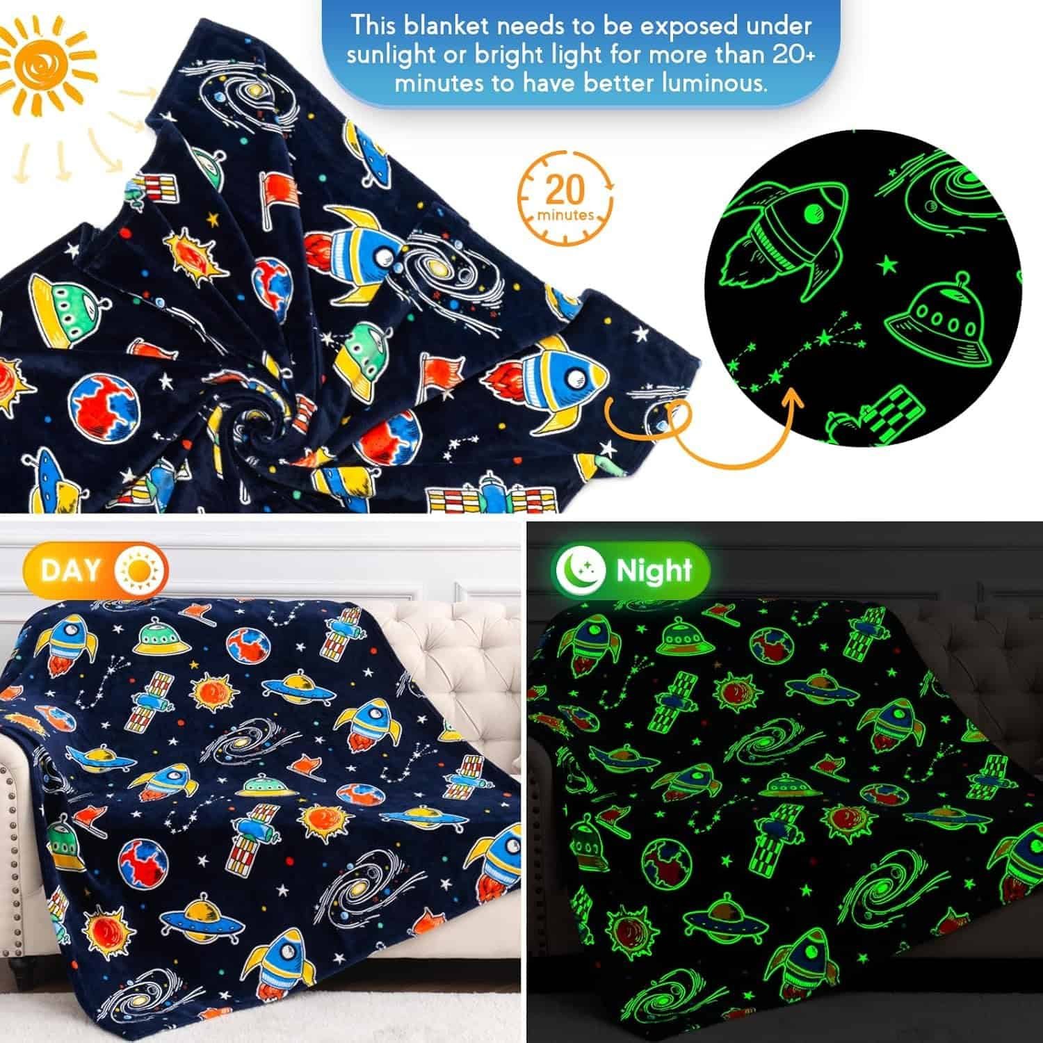 A kids' blanket with a space theme emits a green glow in the dark after being exposed to light for over 20 minutes; shown in both daylight and nighttime settings.