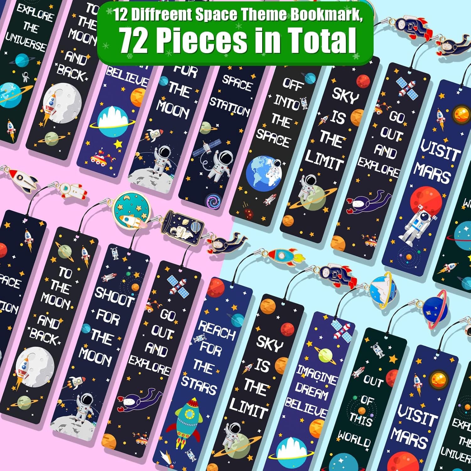 A set of 12 different space-themed bookmarks with colorful designs, astronauts, rockets, and motivational phrases. The image highlights that there are 72 pieces in total.