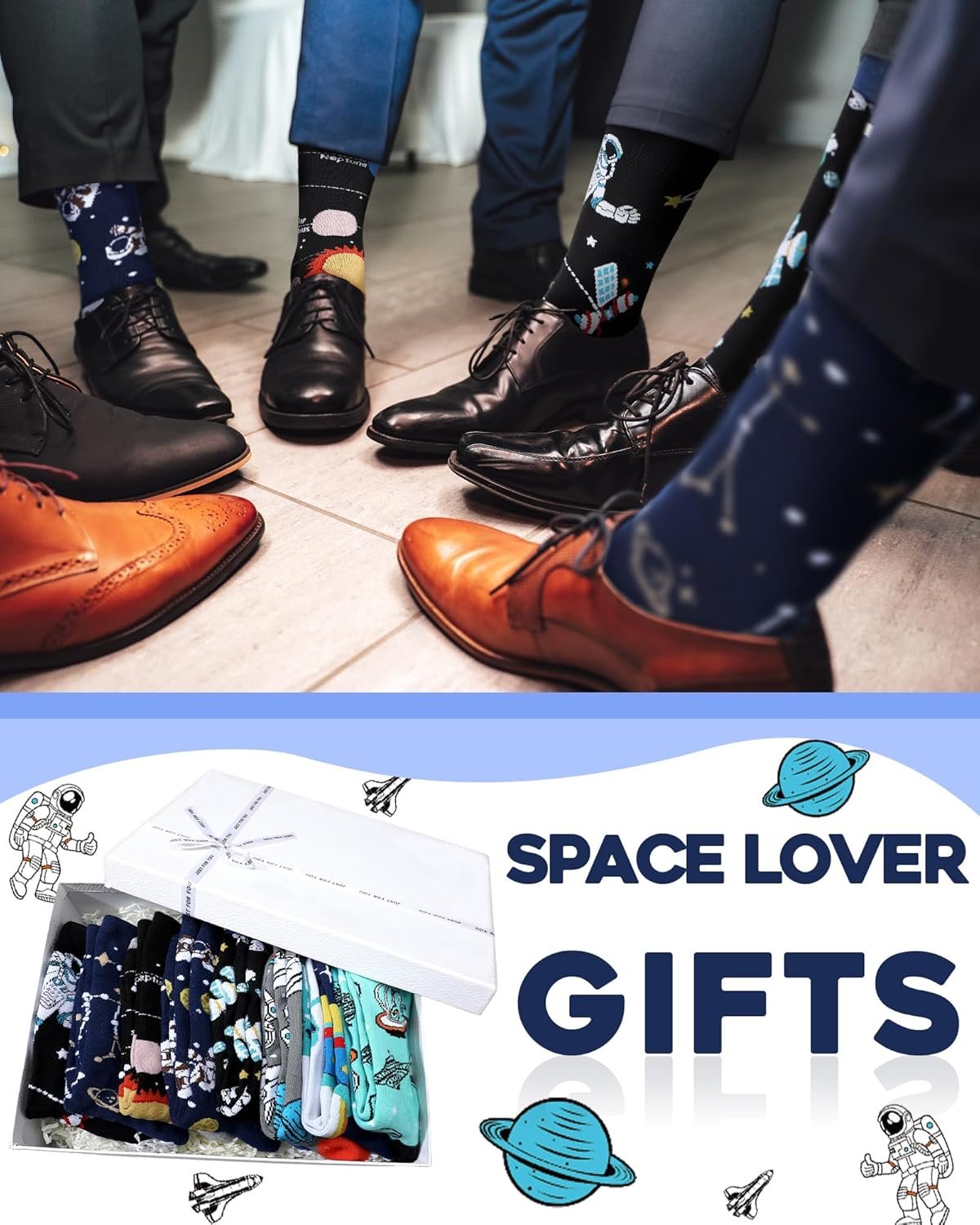 Five people wear space-themed socks with dress shoes; below, a gift box of similar socks is shown with text reading "Space Lover Gifts" and planet illustrations in the background.
