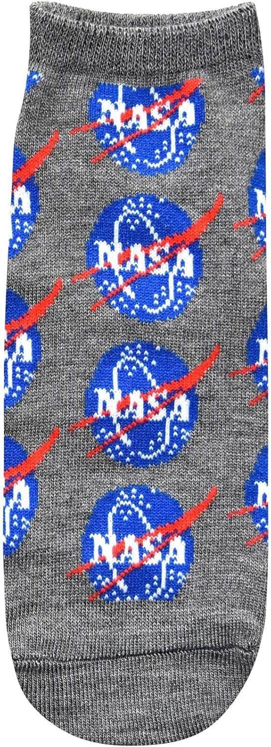 A grey sock featuring multiple blue, white, and red NASA logos in a repeated pattern.