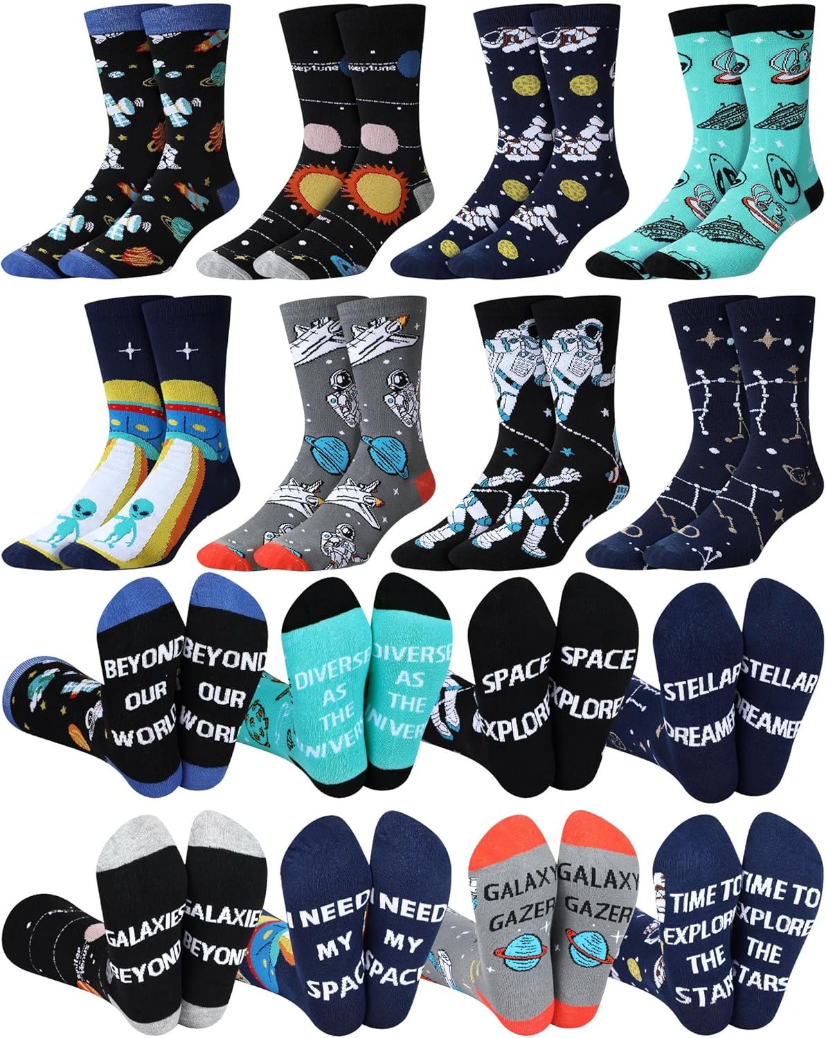 8 Pairs Funny Space Socks for Men Novelty Star Galaxy Crew Socks Space Astronaut Alien Lover Gifts Birthday Holiday National Aviation Day Gifts