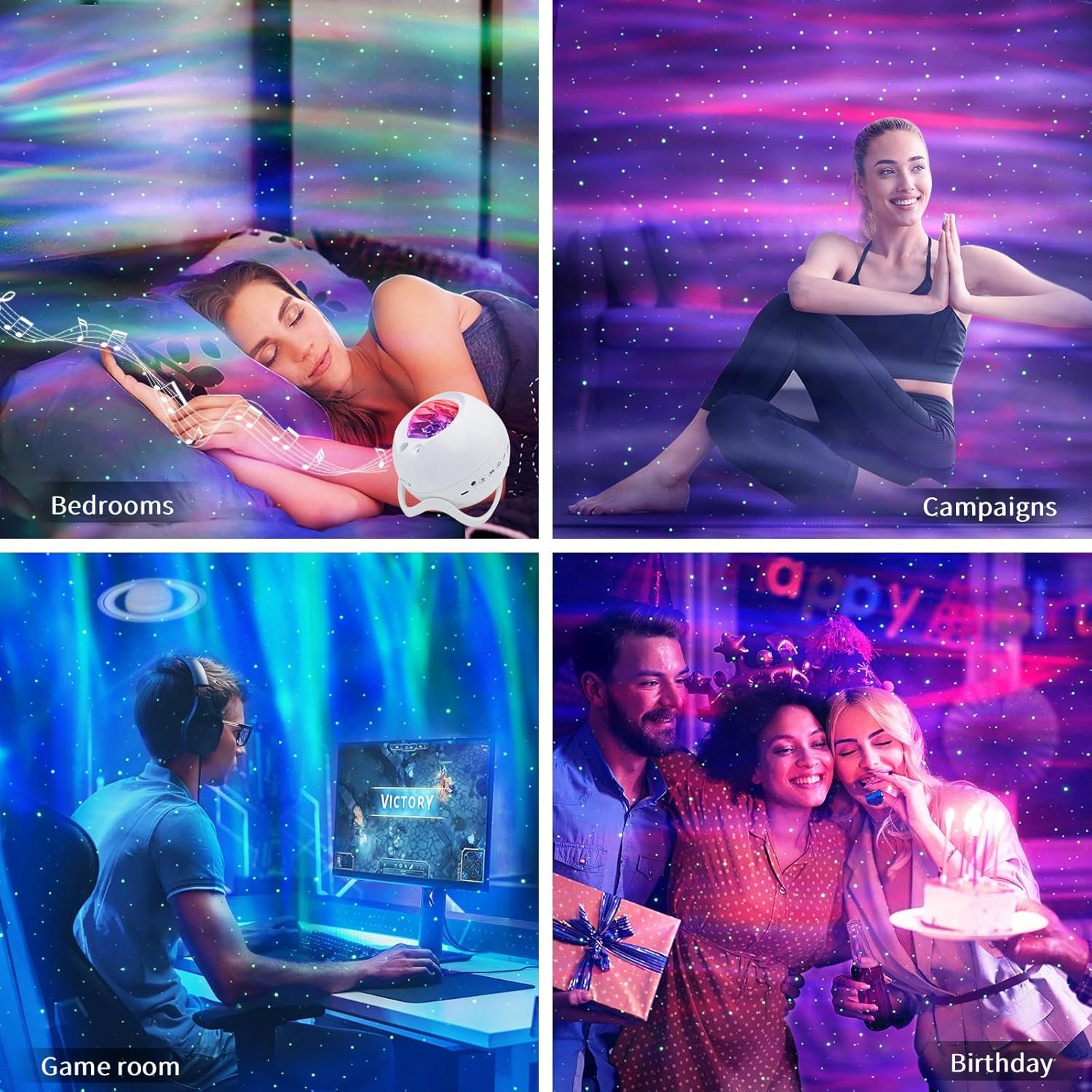 A collage showing people enjoying colorful star projections in a bedroom, during yoga, in a game room, and at a birthday party. Labels indicate each activity.