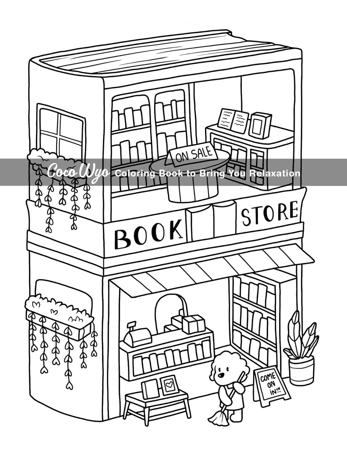 Black and white illustration of a two-story bookstore with bookshelves, plants, a "Come on in" sign, and a person holding a book at the entrance.
