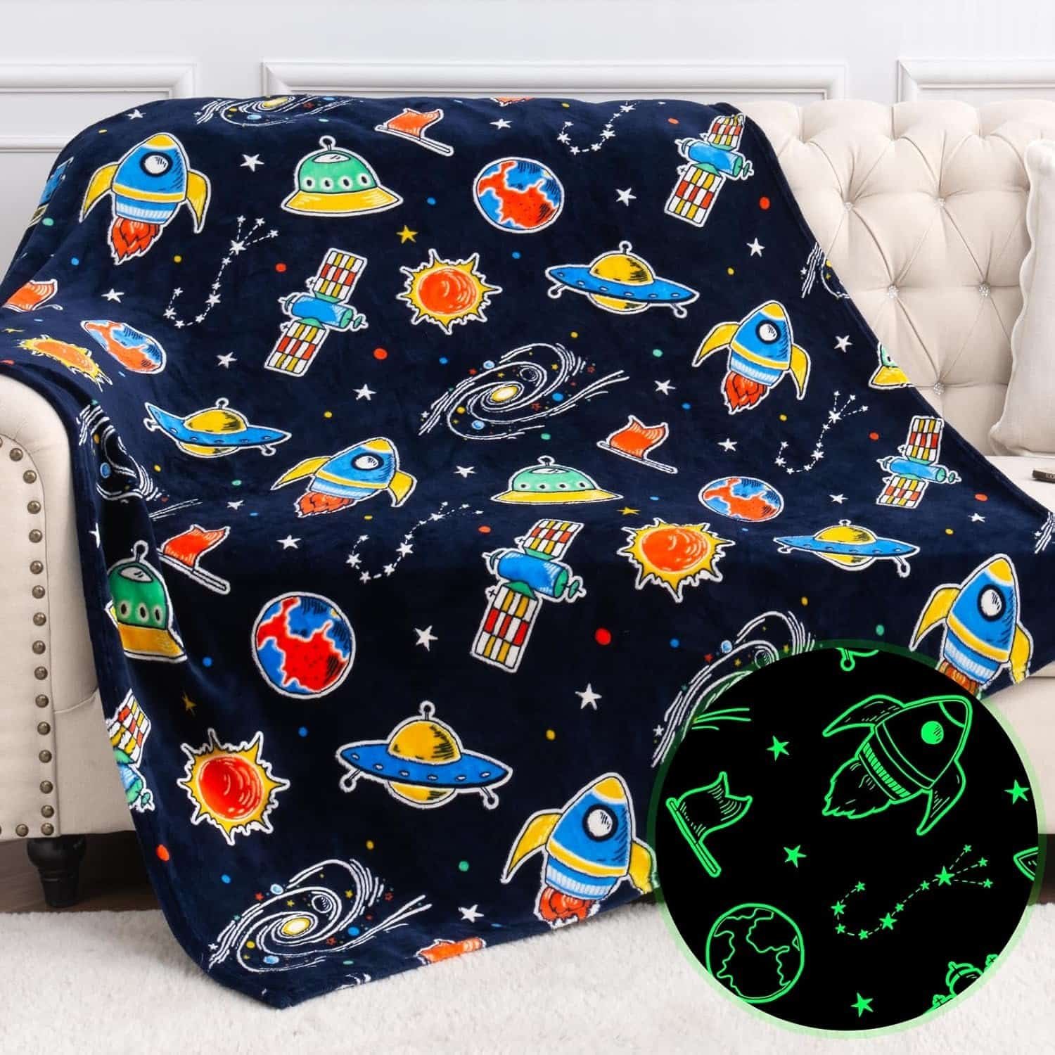 Jekeno Space Toys Gifts for Boys Girls - Glow in The Dark Galaxy Blanket Christmas Birthday Valentines Easter Decor Presents for Grandkids Age 1-14 Year Old Kids Spaceship Rocket Planet Throw 50"x60
