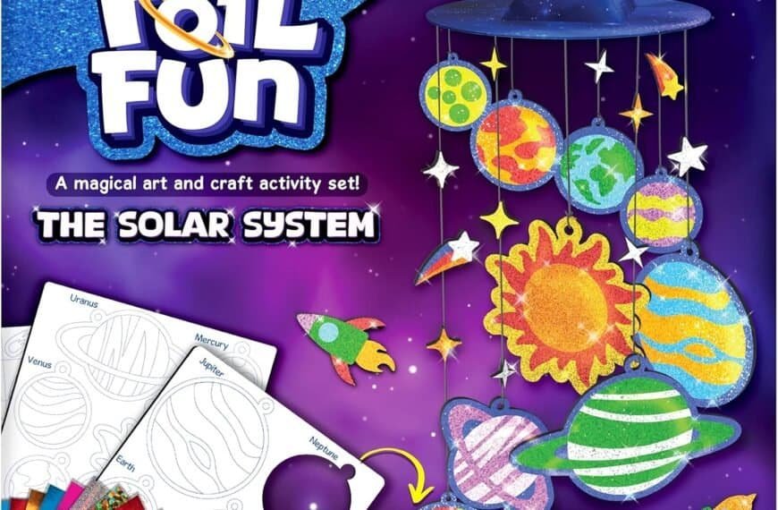 A children's solar system art kit with foil sheets, foam stickers, and a mobile topper; designed for ages 4-12 to create a hanging solar system display.