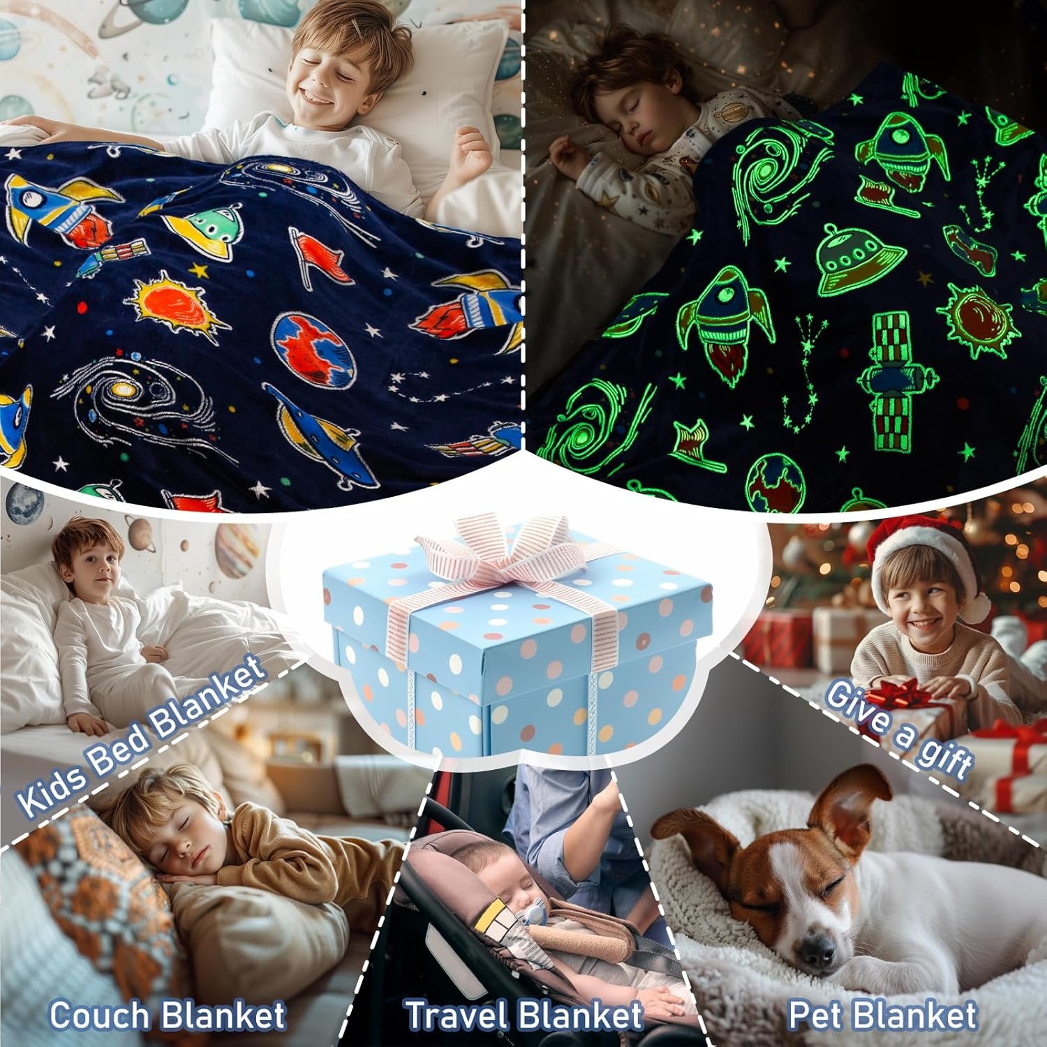 Children use space-themed blankets in bed; one glows in the dark. Other images show the blanket used on a couch, in a car, for a pet, and as a gift with a blue present box.