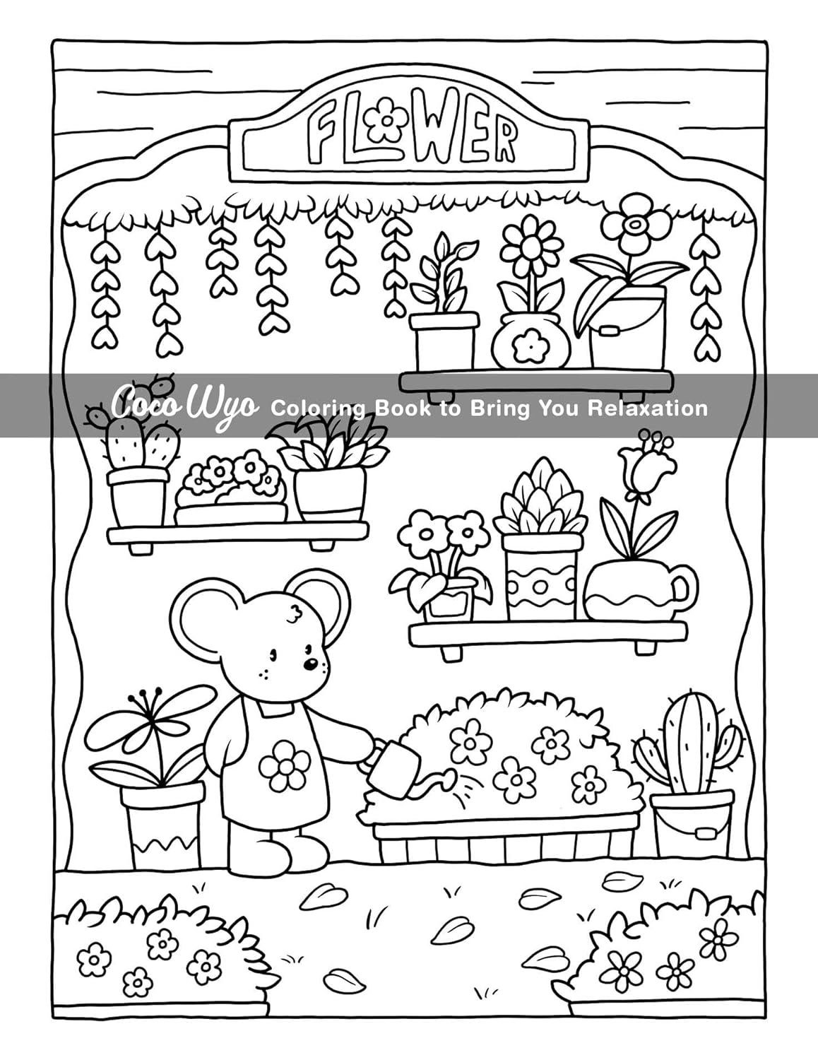 A cartoon mouse waters potted flowers and plants on shelves in a flower shop, with a sign reading "Flower" above.