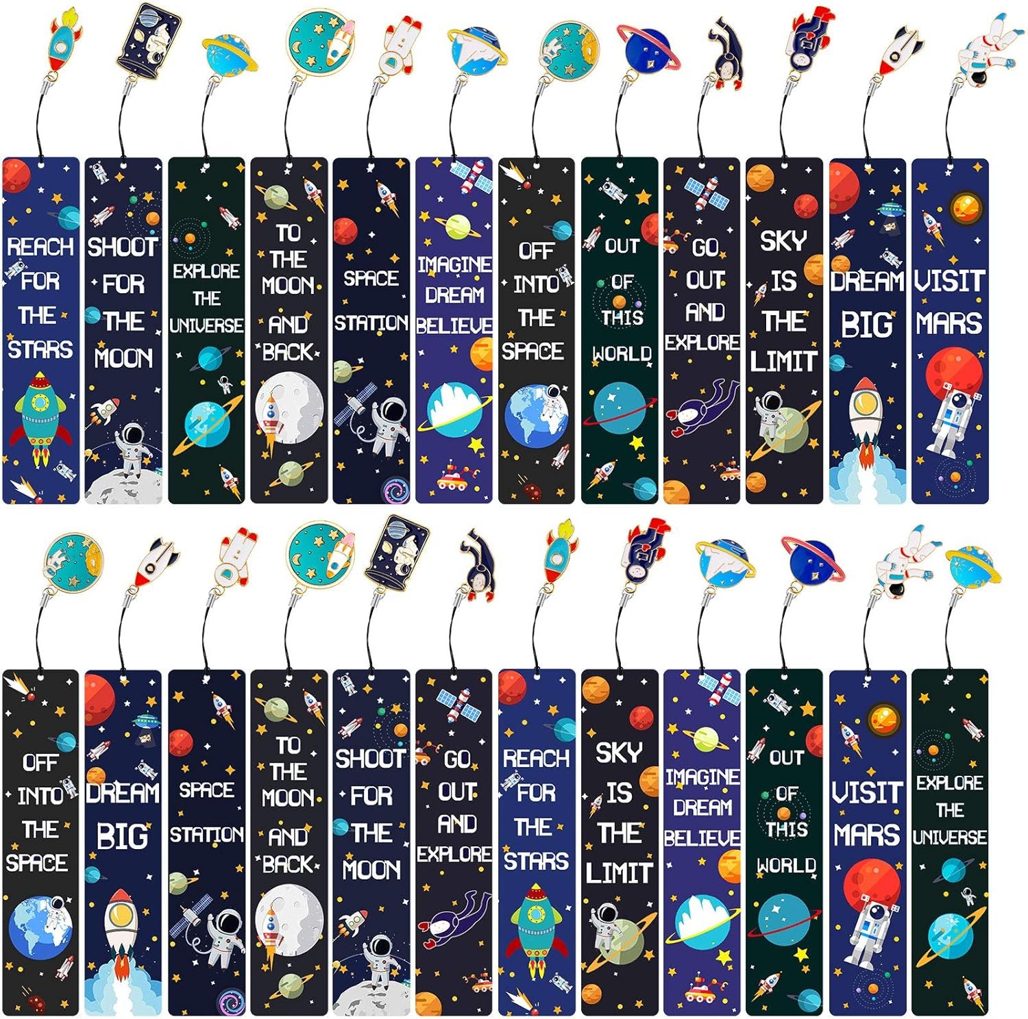Space Theme Bookmarks with Metal Charms Planet Rocket Space Ship Theme Bookmarks Inspirational Quotes Cards for Party Favors Gifts Encourage(24 Pieces)