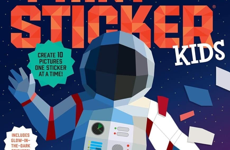 Book cover for "Paint by Sticker Kids: Outer Space," featuring a geometric astronaut with text highlighting glow-in-the-dark stickers and the ability to create 10 pictures with stickers.