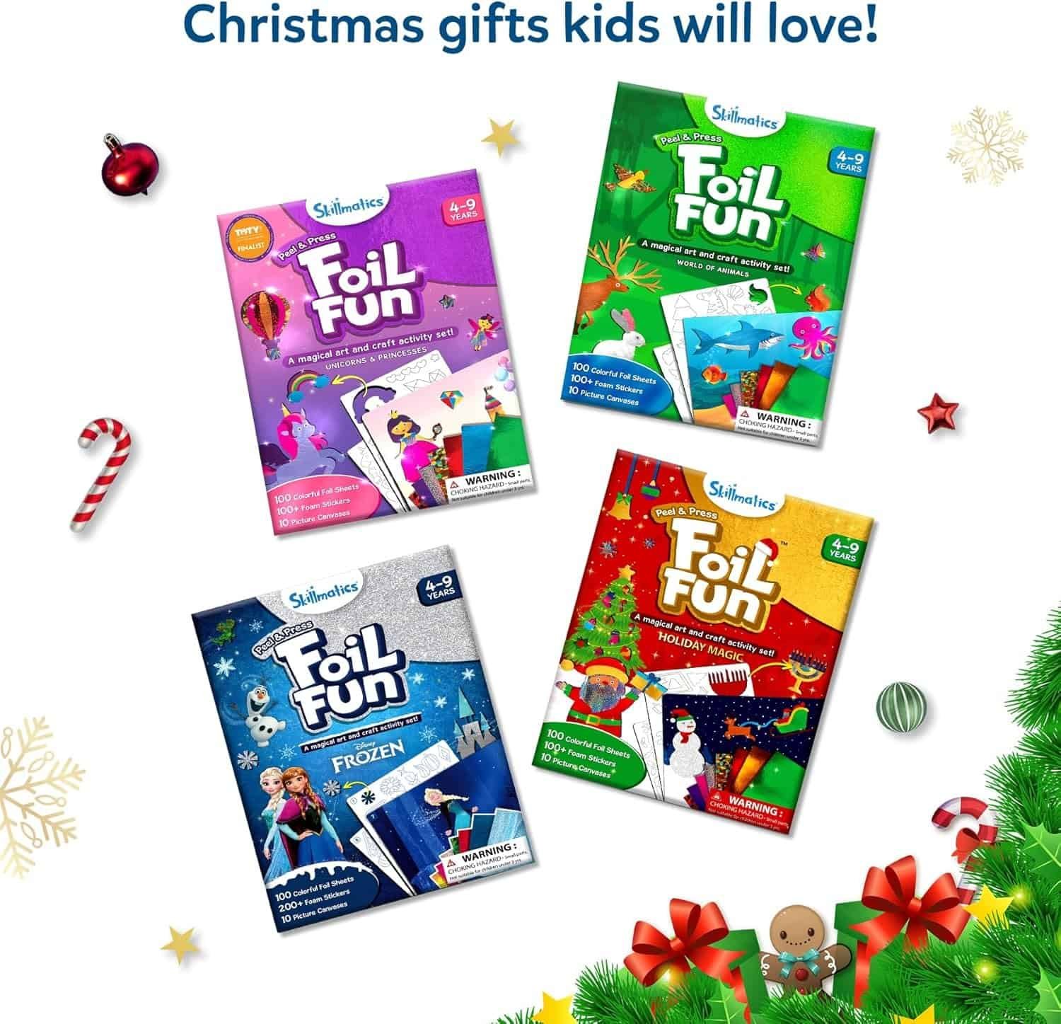 Four Scribblez Foil Fun craft kits for kids, themed around Frozen, holiday, dinosaurs, and unicorns, displayed on a festive background with holiday decorations.