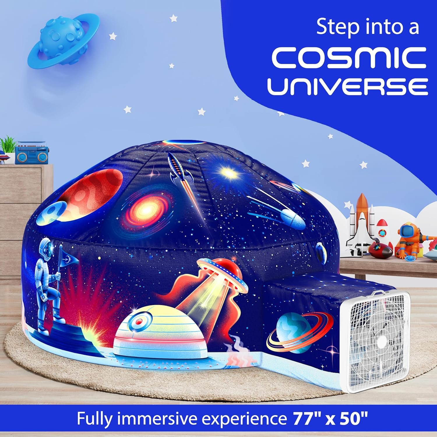 Children’s indoor inflatable dome tent with a space-themed design, featuring planets and an astronaut, connected to a white air blower. Text reads: "Step into a Cosmic Universe.